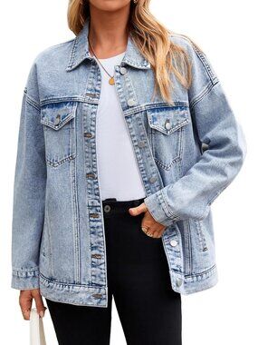 Women's Light Blue Denim Jacket Oversized Button Down Jean Long Sleeve Jacket